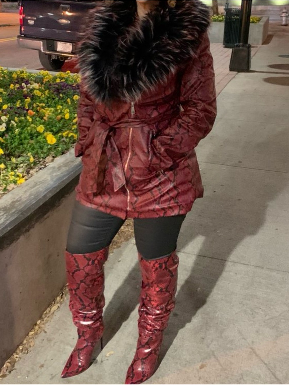 Insane vintage 90s red faux leather jacket with black snake print and faux fur